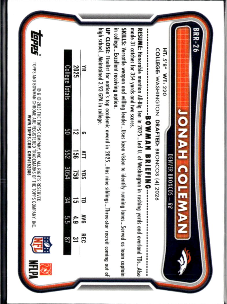 Jonah Coleman 2026 Bowman Chrome RED Rookie RC Denver Broncos