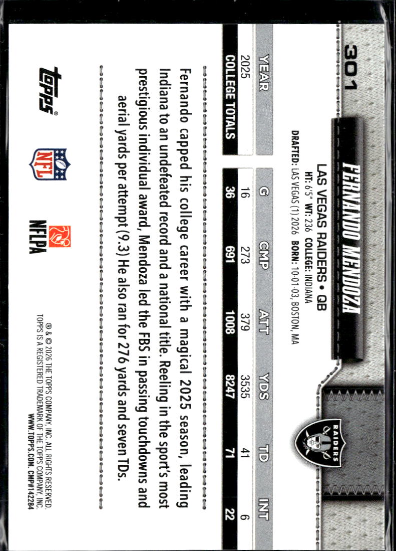 Fernando Mendoza 2026 Topps Flagship Rookie RC Las Vegas Raiders