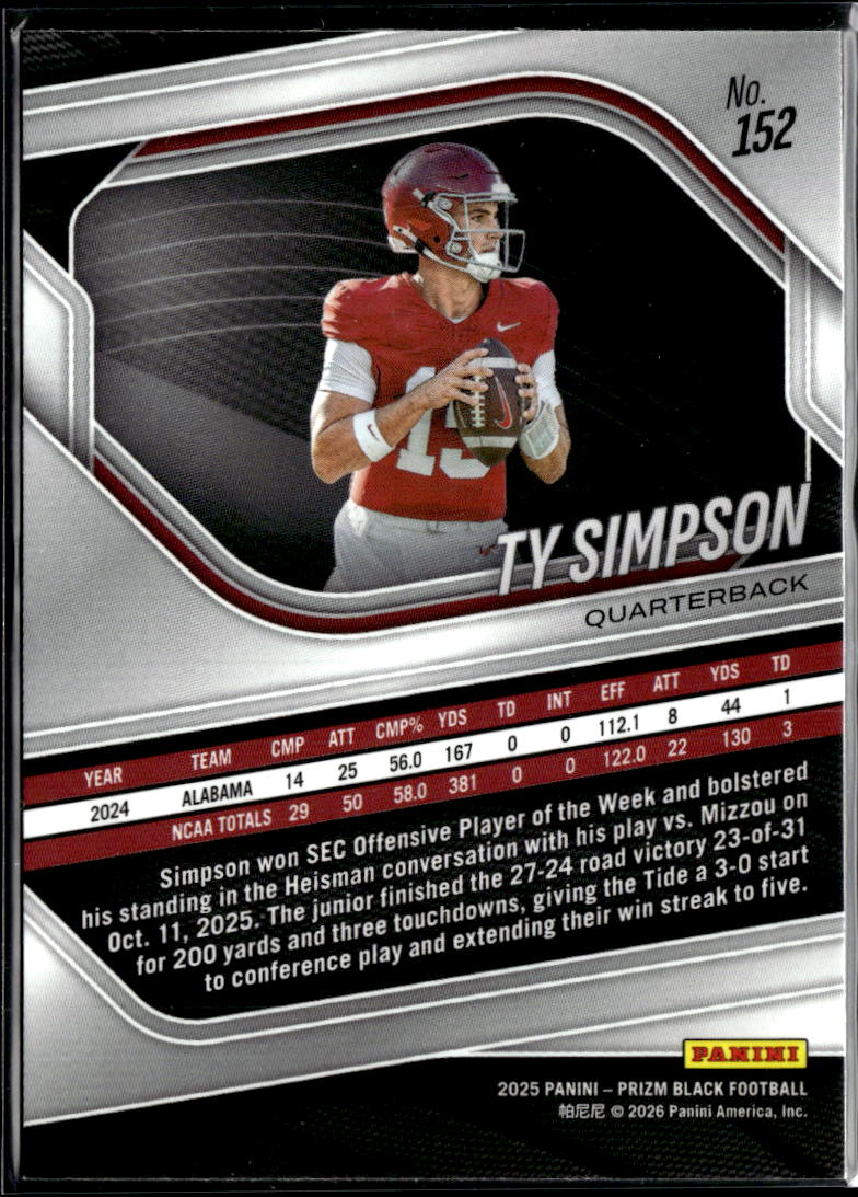 Ty Simpson 2025 Panini Prizm Black Rookie RC Alabama Crimson Tide