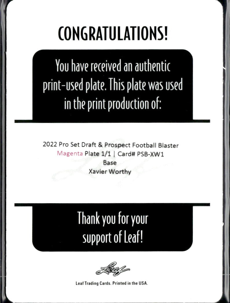 Xavier Worthy 2022 Leaf Pro Set Rookie RC Printing Plate Texas Longhorns Chiefs