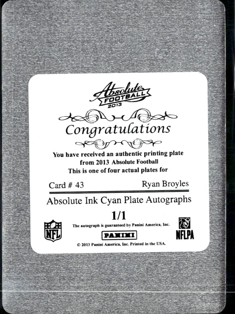 Ryan Broyles 2013 Absolute Auto Autograph RC Printing Plate 1/1 Sooners Lions