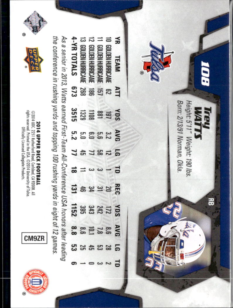 Trey Watts 2014 Upper Deck Black White SSP 1/10 Tulsa Golden Hurricane