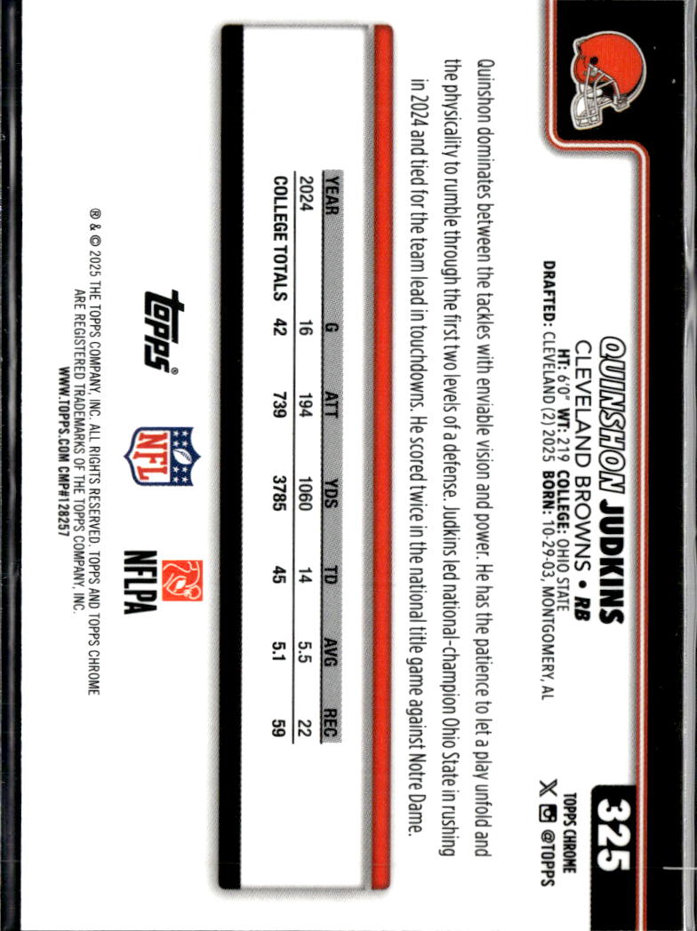 Quinshon Judkins 2025 Topps Chrome RC Aqua Wave 67/199 Cleveland Browns
