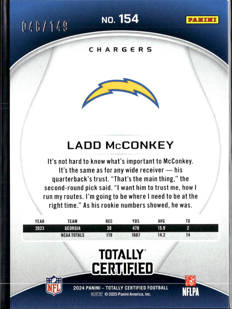 Ladd McConkey 2025 Totally Certified Blue Rookie RC 48/149 Los Angeles Chargers