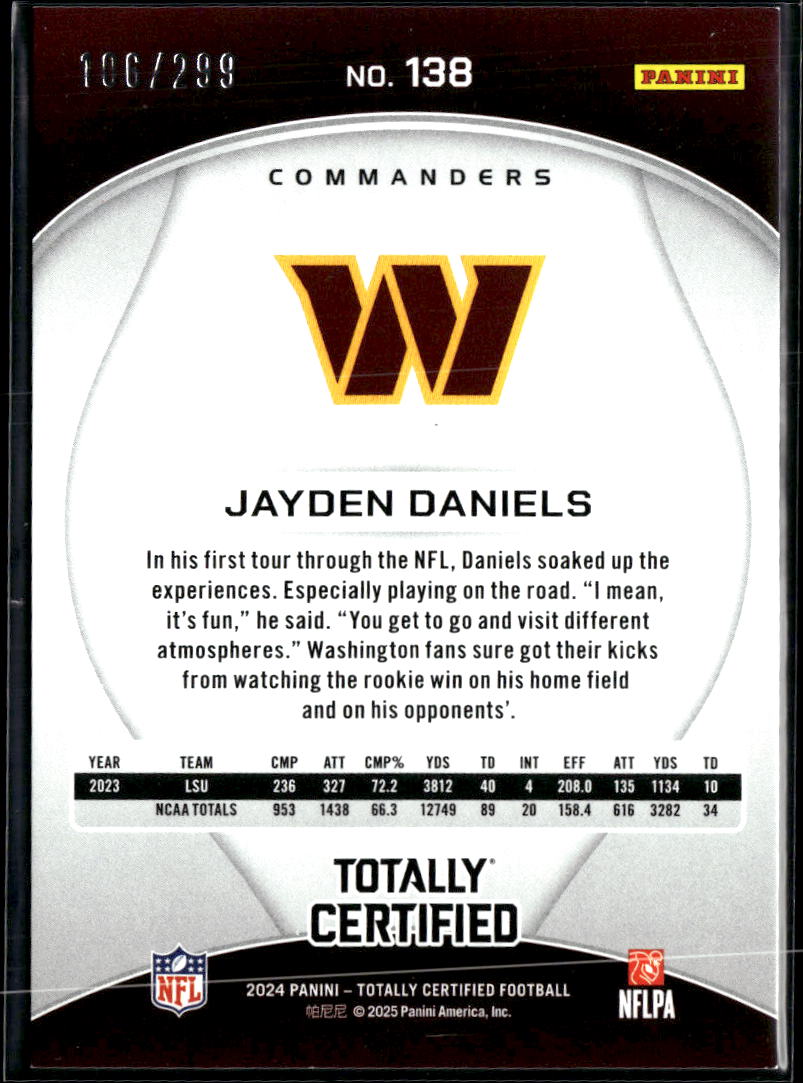 Jayden Daniels 2024 Totally Certified Rookie RC 106/299 Washington Commanders