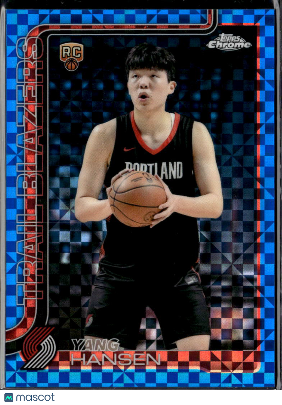 Yang Hansen 2025 Topps Chrome Blue X-Fractor RC Portland Trail Blazers