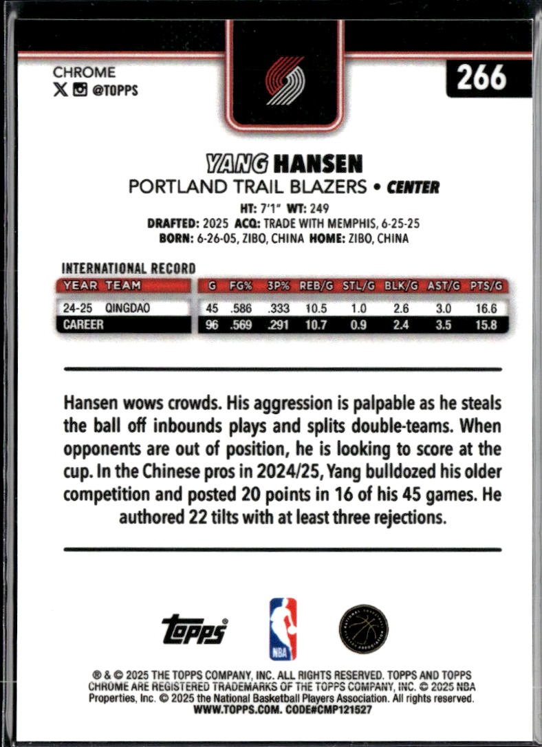 Yang Hansen 2025 Topps Chrome Blue X-Fractor RC Portland Trail Blazers