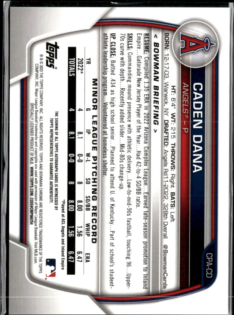 Caden Dana 2023 Bowman Chrome Auto Purple Refractor /250 Los Angeles Angels