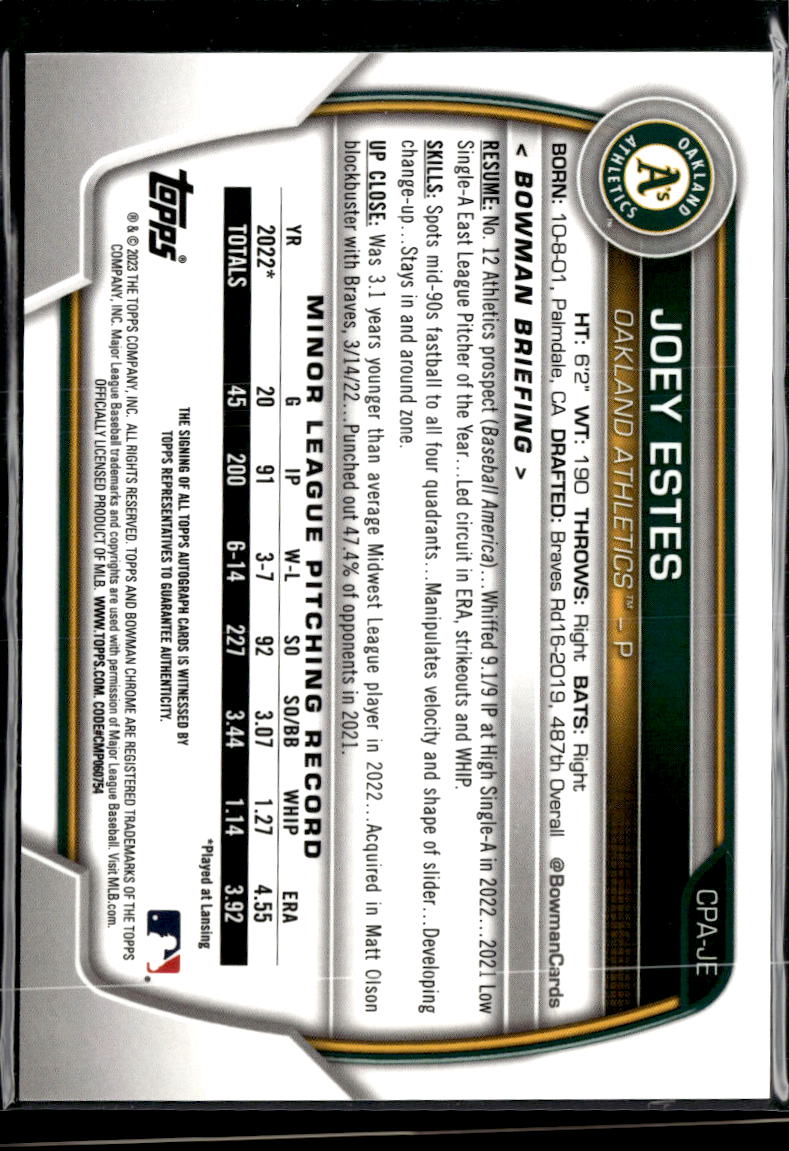 Joey Estes 2023 Bowman Chrome Auto Green Refractor /99 Oakland Athletics
