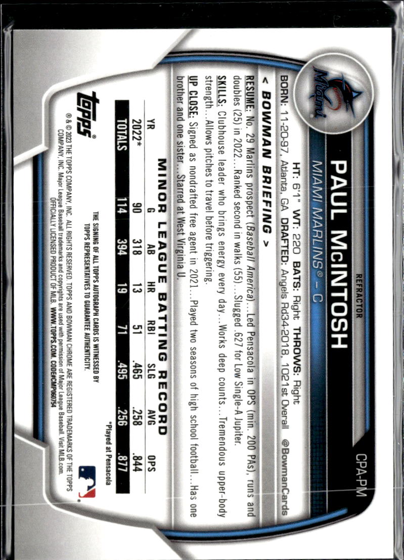 Paul McIntosh 2023 Bowman Chrome 1st Auto Autograph 257/499 Miami Marlins