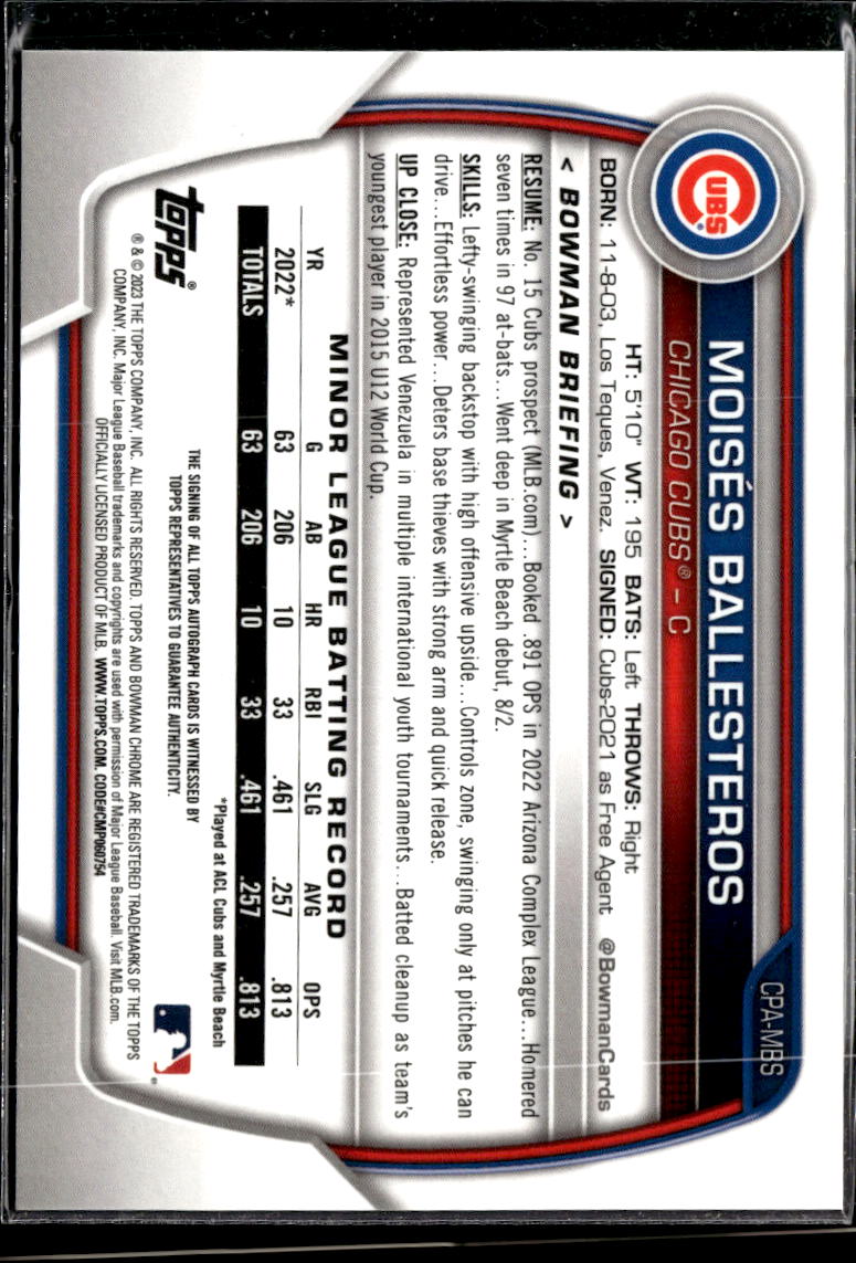 Moises Ballesteros 2023 Bowman Chrome 1st Auto Autograph Chicago Cubs