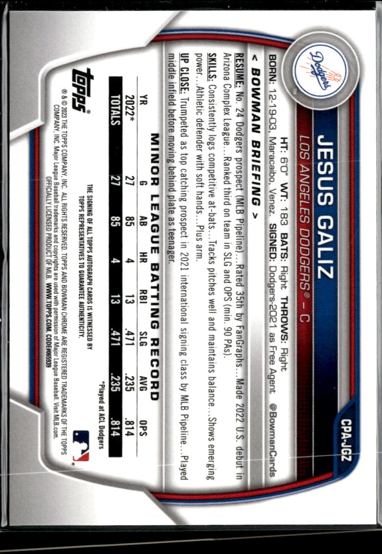 Jesus Galiz 2023 Bowman Chrome 1st Auto Autograph Los Angeles Dodgers