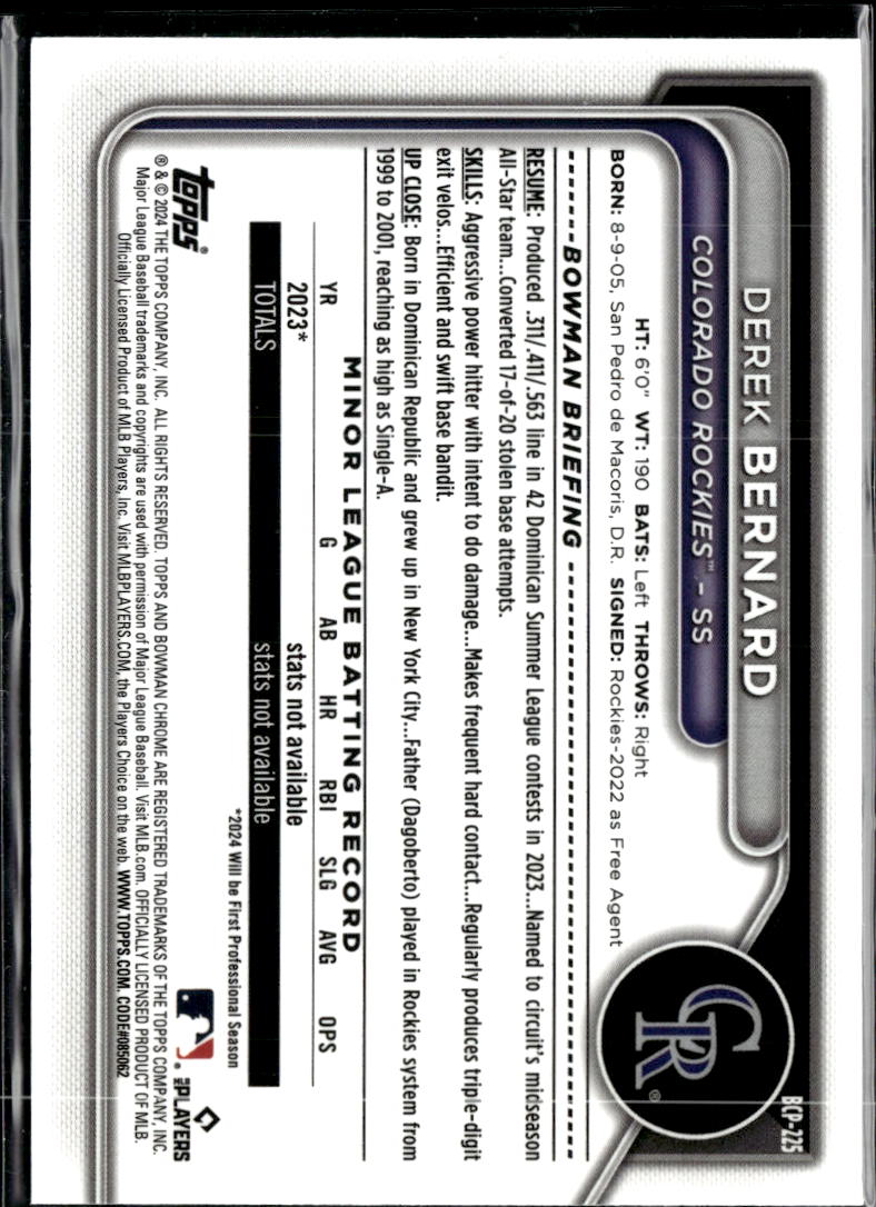 Derek Bernard 2024 Bowman Chrome 1st Purple Refractor /250 Colorado Rockies