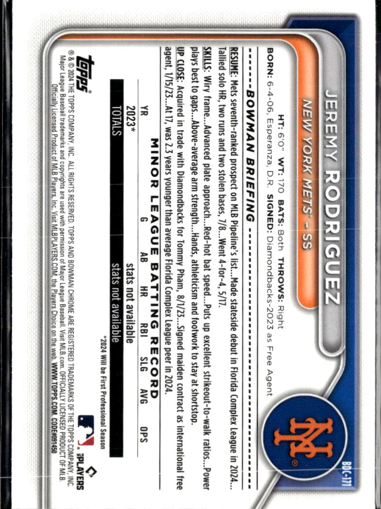 Jeremy Rodriguez 2024 Bowman Chrome Purple Refractor /250 New York Mets
