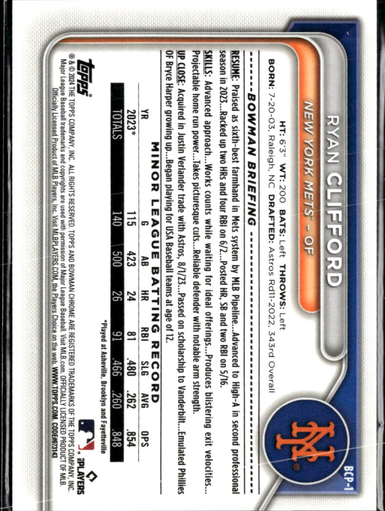 Ryan Clifford 2024 Bowman Chrome Yellow Lunar Refractor 72/75 New York Mets