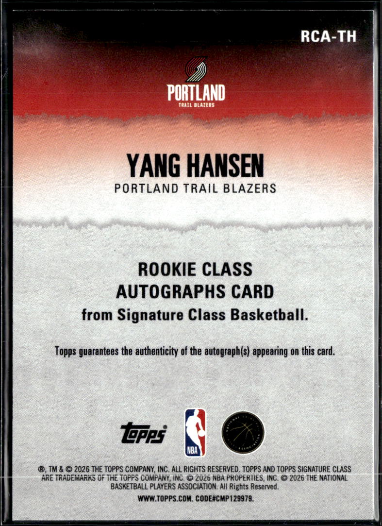 Yang Hansen 2026 Topps Signature Class Auto Autograph RC Portland Trail Blazers
