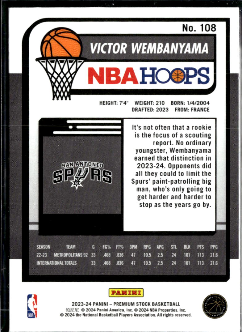 Victor Wembanyama 2023-24 Hoops Premium Stock Rookie RC San Antonio Spurs