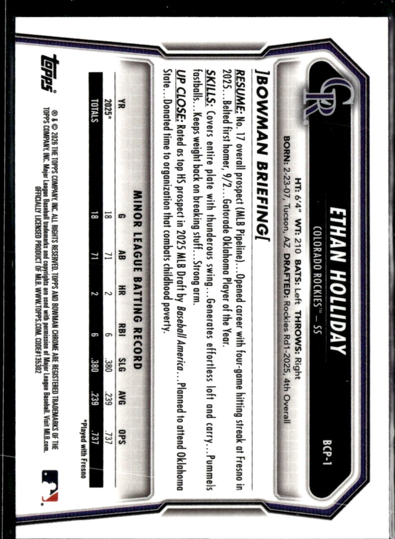 Ethan Holliday 2026 Bowman Chrome Sapphire 1st Rookie RC Colorado Rockies