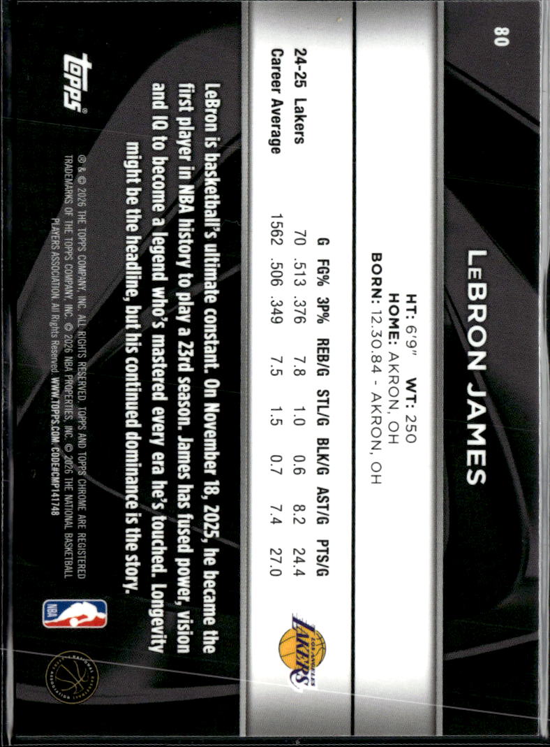 LeBron James 2026 Topps Chrome Black Green Refractor 70/99 Los Angeles Lakers