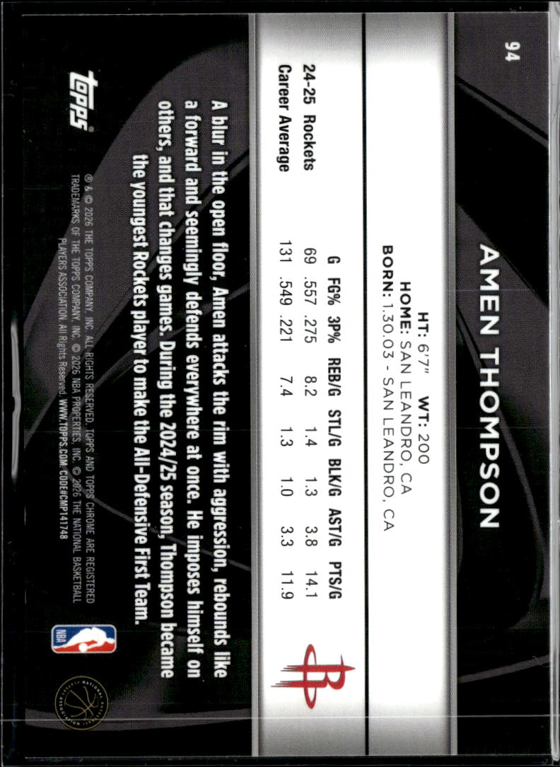 Amen Thompson 2026 Topps Chrome Black Wave Refractor 177/299 Houston Rockets