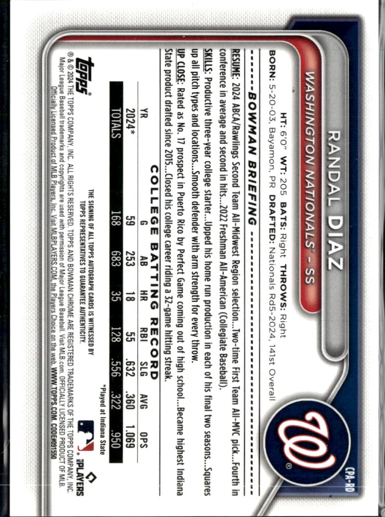 Randal Diaz 2024 Bowman Chrome 1st Auto Autograph Washington Nationals