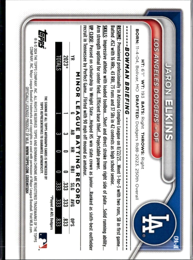 Jaron Elkins 2024 Bowman Chrome 1st Auto Autograph Los Angeles Dodgers