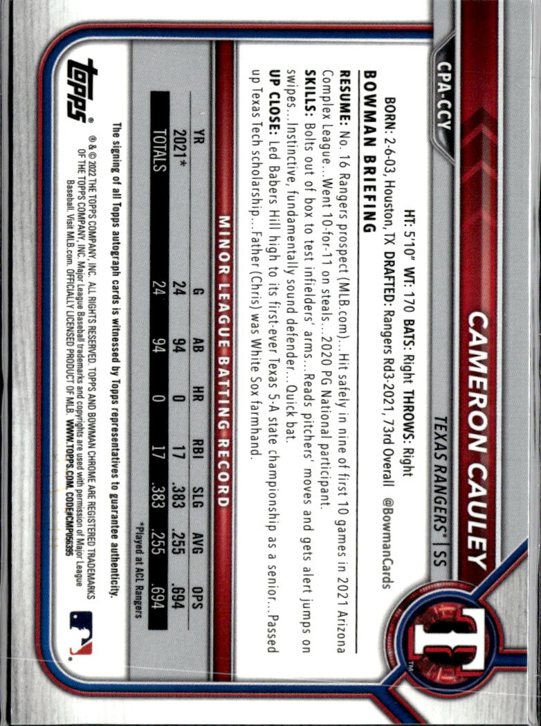 Cameron Cauley 2022 Bowman Chrome Auto Speckle Refractor /299 Texas Rangers
