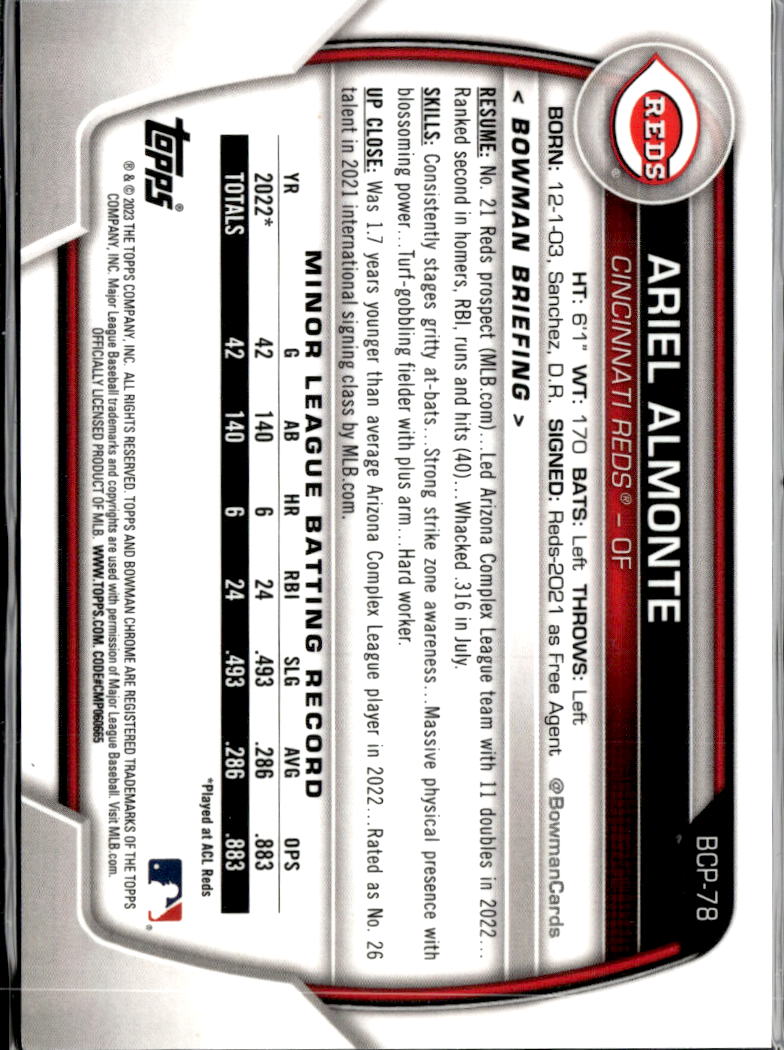Ariel Almonte 2023 Bowman Chrome 1st Purple Refractor /250 Cincinnati Reds
