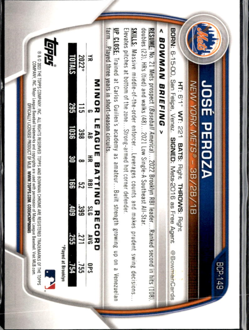 José Peroza 2023 Bowman Chrome 1st Raywave Lava /399 New York Mets