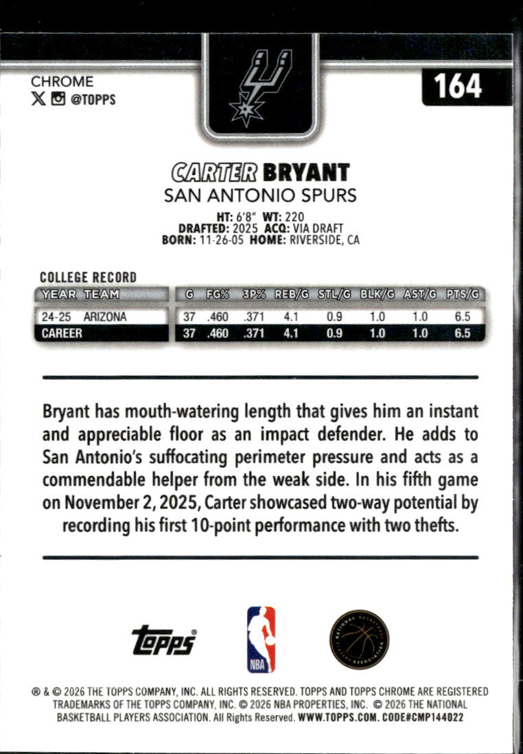 Carter Bryant 2026 Topps Chrome Update Refractor Rookie RC San Antonio Spurs