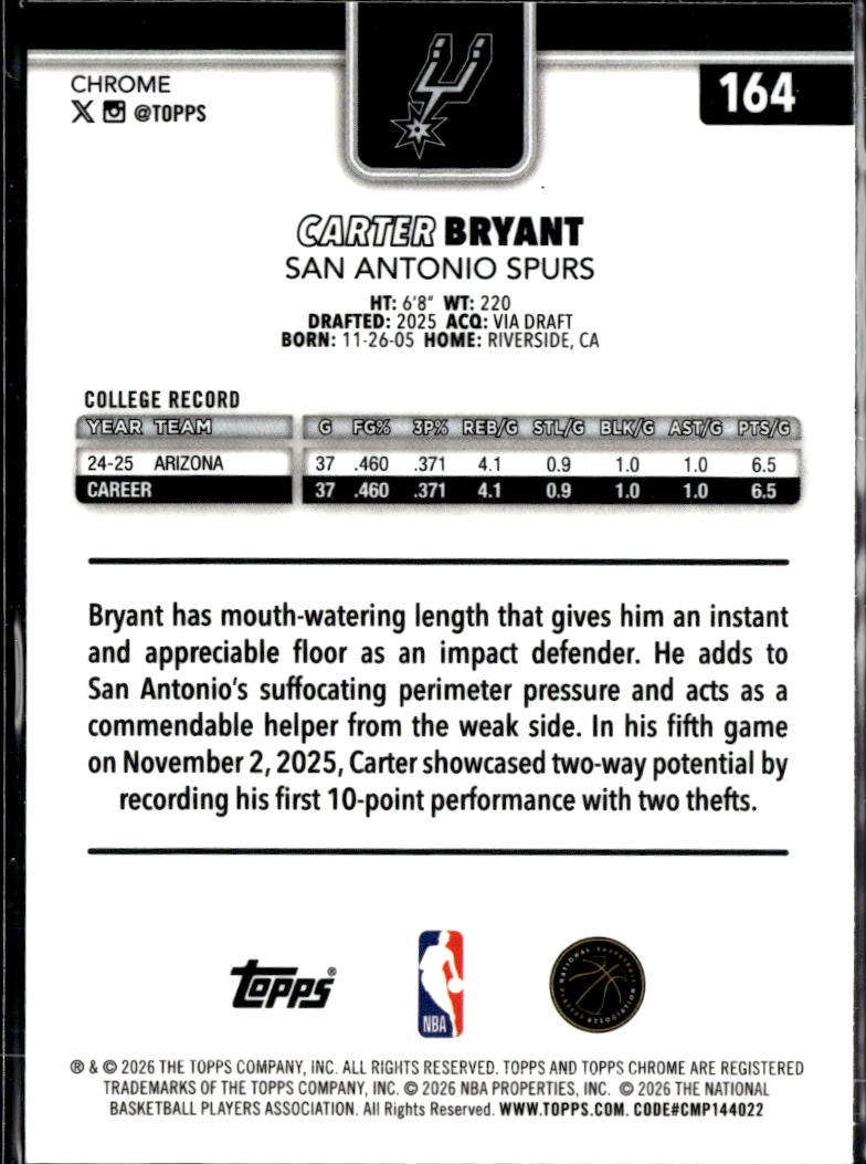 Carter Bryant 2026 Topps Chrome Update Rookie RC San Antonio Spurs
