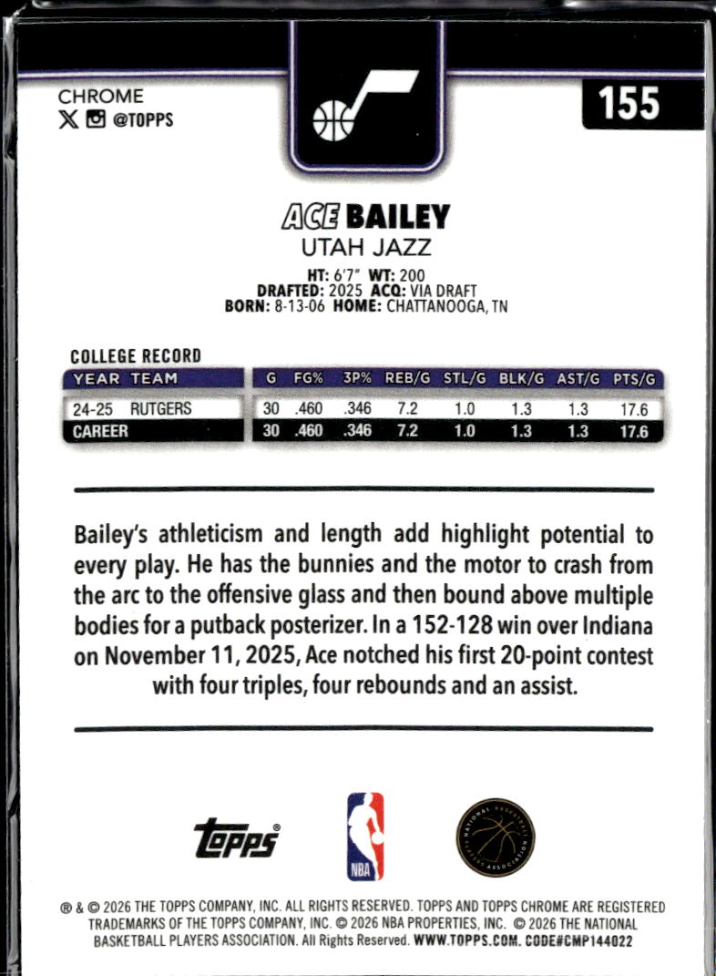 Ace Bailey 2026 Topps Chrome Update Rookie RC Utah Jazz
