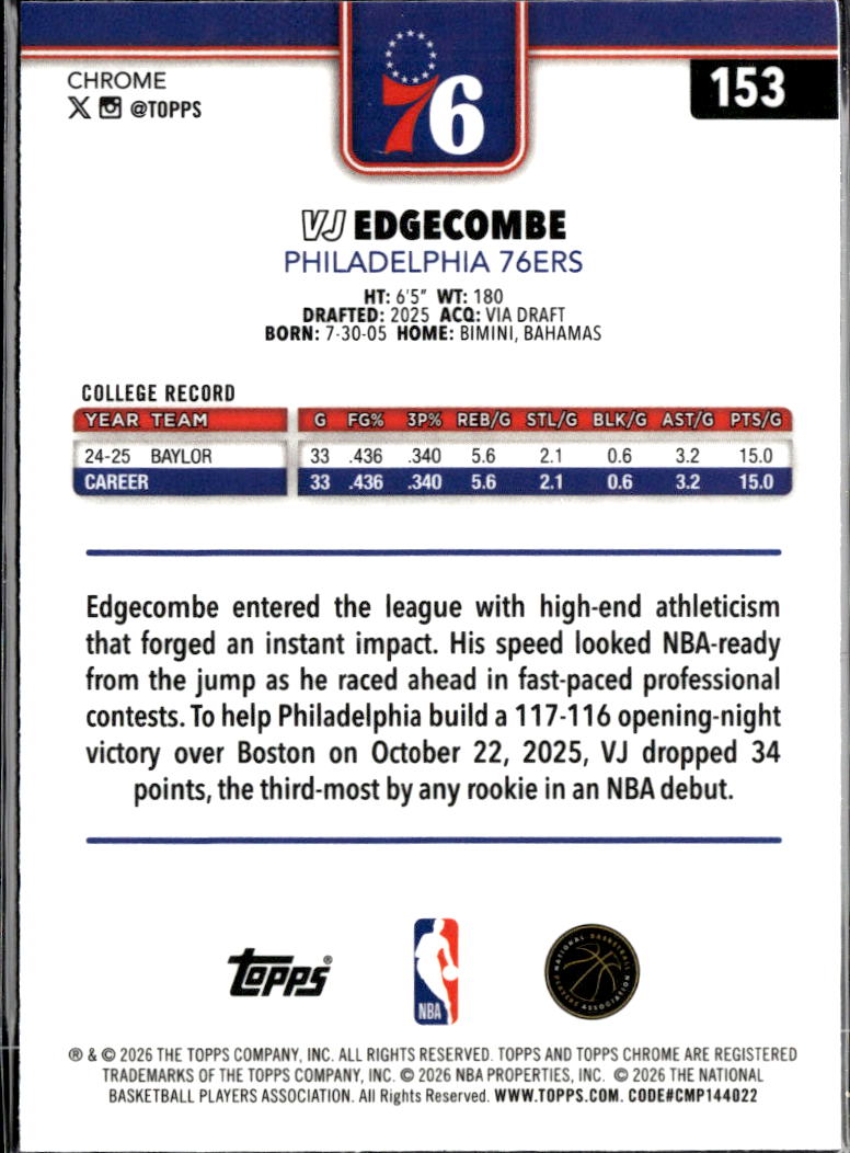VJ Edgecombe 2026 Topps Chrome Rookie RC Philadelphia 76ers