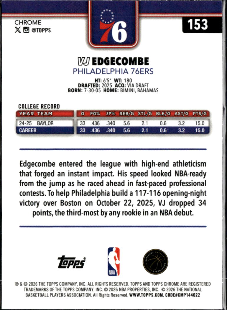 VJ Edgecombe 2026 Topps Chrome Rookie RC Philadelphia 76ers