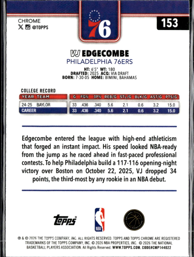 VJ Edgecombe 2026 Topps Chrome Rookie RC Philadelphia 76ers