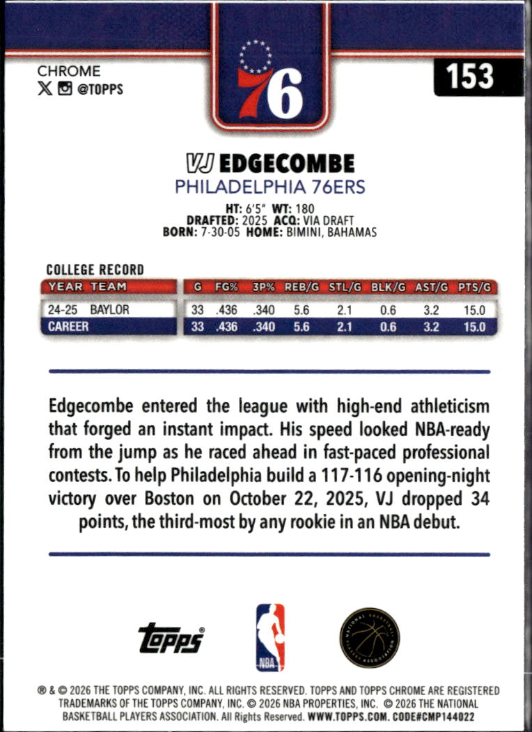 VJ Edgecombe 2026 Topps Chrome Rookie RC Philadelphia 76ers