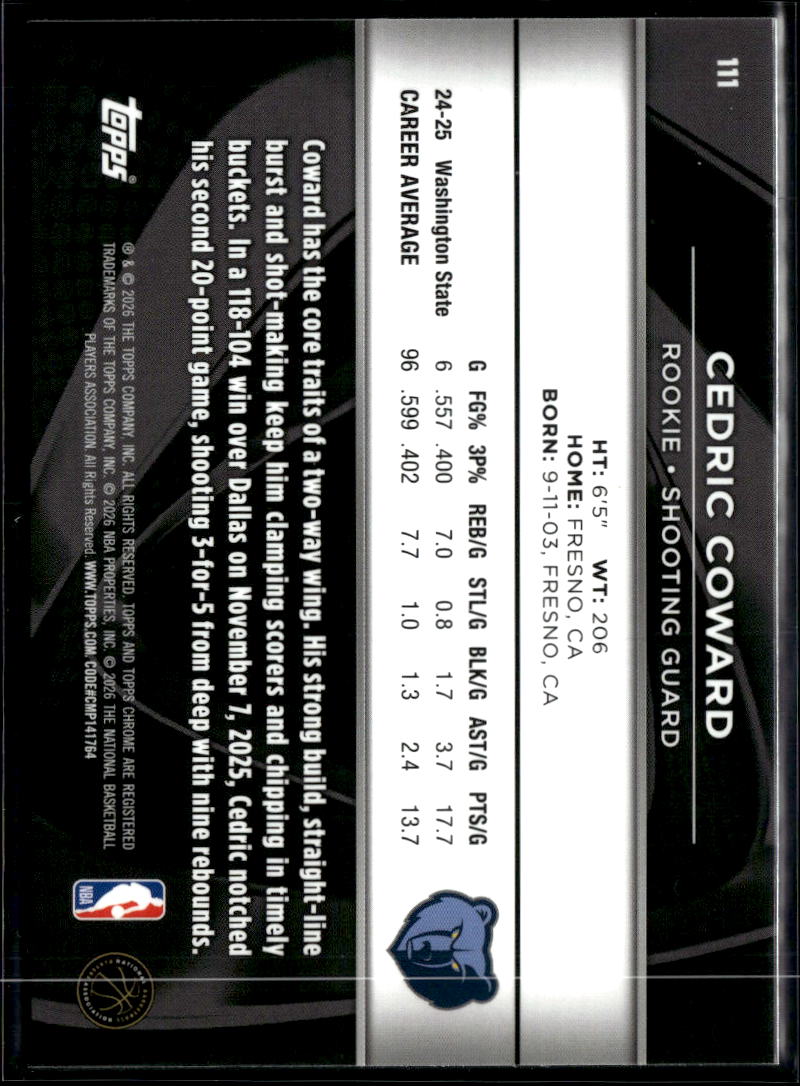 Cedric Coward 2026 Topps Chrome Black RC Memphis Grizzlies