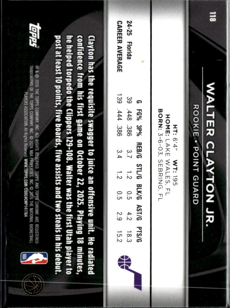 Walter Clayton Jr. 2026 Topps Chrome Black Rookie RC Utah Jazz