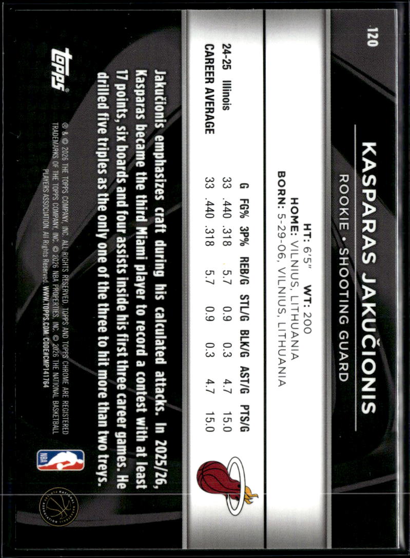 Kasparas Jakucionis 2026 Topps Chrome Black Rookie RC Miami Heat