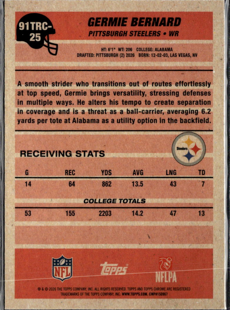 Germie Bernard 2026 Topps Chrome Silver Pack Rookie RC Pittsburgh Steelers