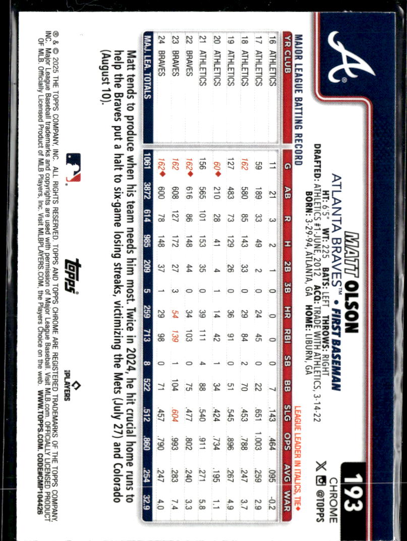 Matt Olson 2025 Topps Chrome Aqua Logofractor 123/199 Atlanta Braves