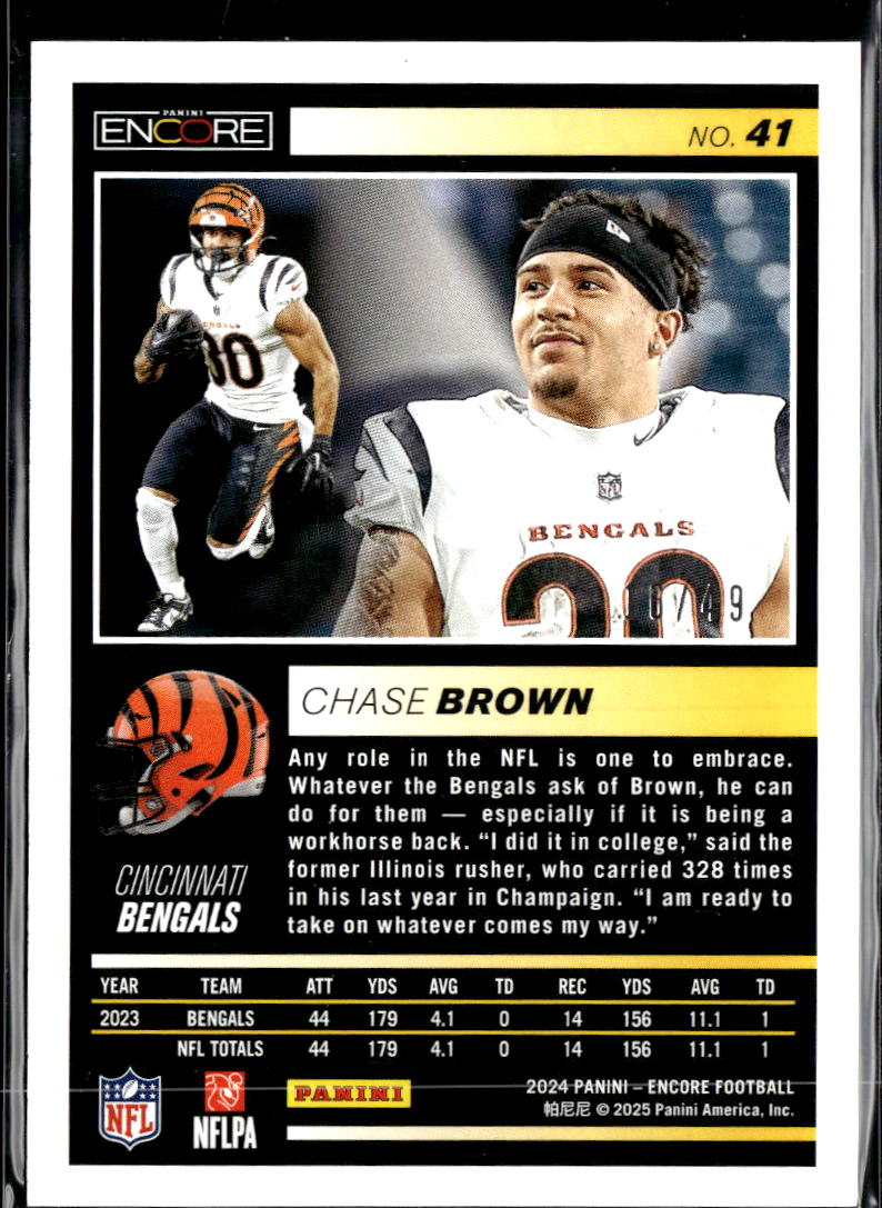 Chase Brown 2025 Encore Pinnacle Red 16/49 Cincinnati Bengals