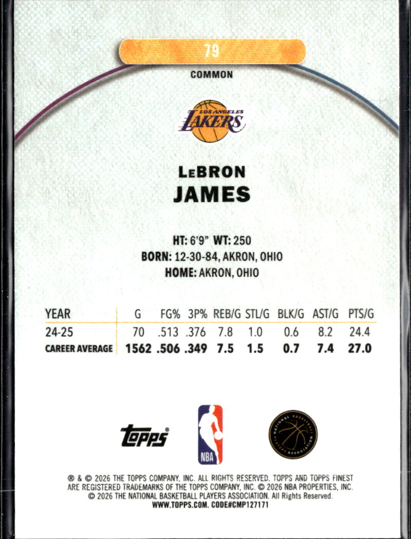 LeBron James 2026 Topps Finest Card #79 Los Angeles Lakers