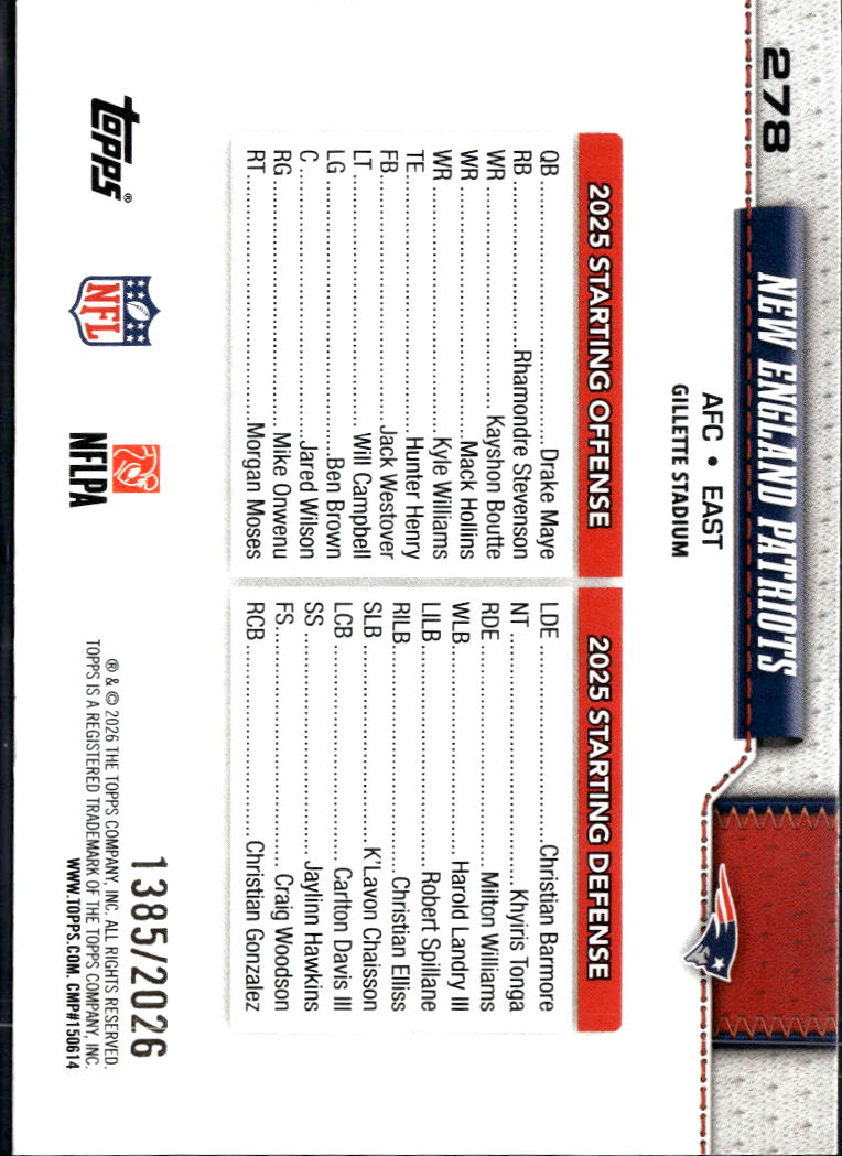 New England Patriots 2026 Topps Team Card GOLD 1385/2026