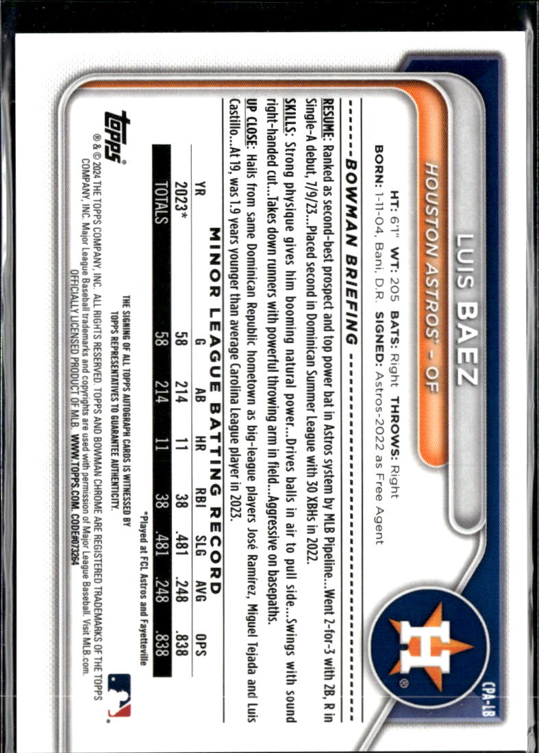 Luis Baez 2024 Bowman Chrome 1st Auto Autograph 66/150 Houston Astros