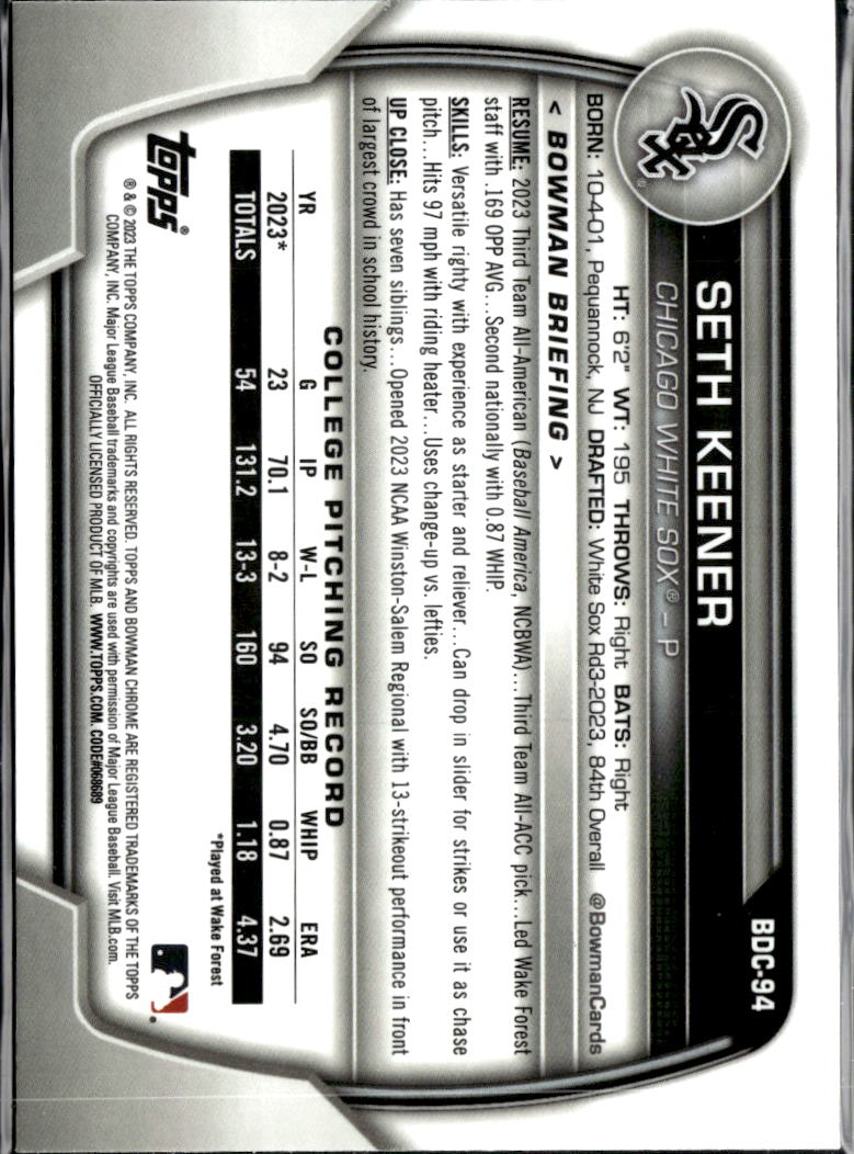 Seth Keener 2023 Bowman Chrome 1st Purple Lunar Refractor /199 Chicago White Sox