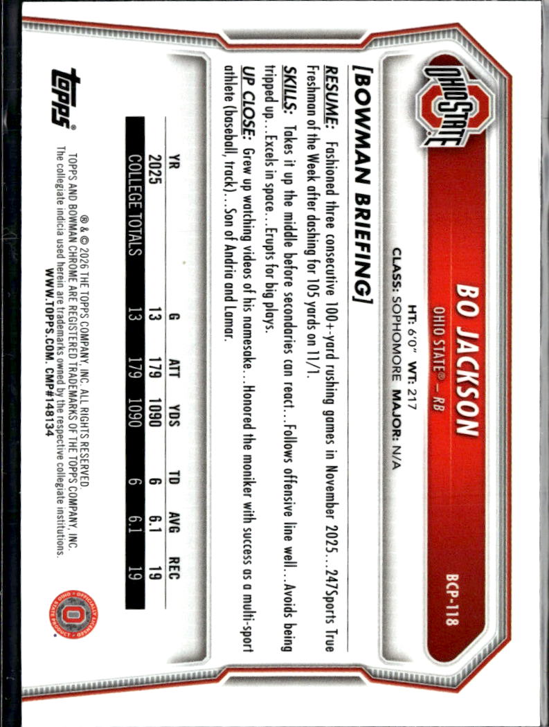 Bo Jackson 2026 Bowman Chrome 1st Rookie RC Ohio State Buckeyes