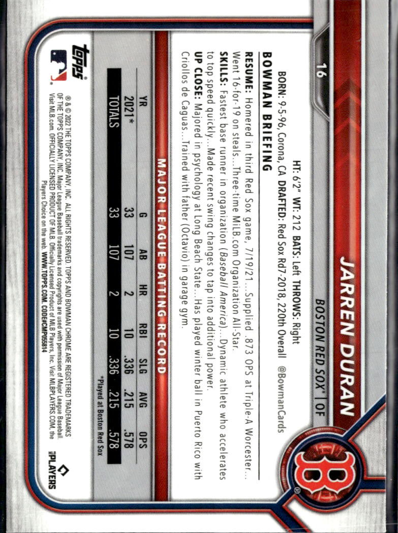 Jarren Duran 2022 Bowman Chrome Rookie RC Boston Red Sox