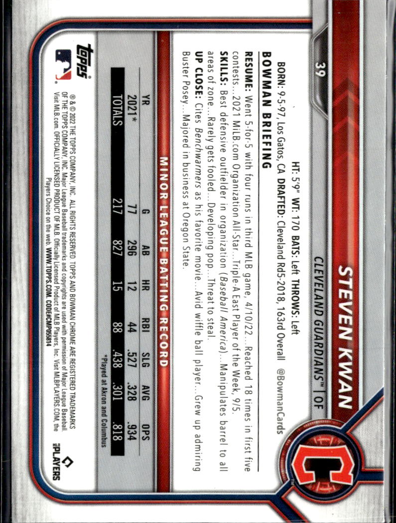 Steven Kwan 2022 Bowman Chrome Rookie RC Cleveland Guardians