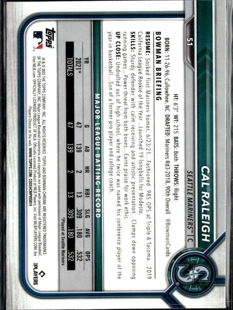 Cal Raleigh 2022 Bowman Chrome Rookie RC Seattle Mariners